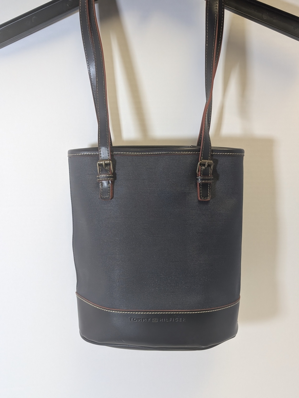Tommy Hilfiger Black Shoulder Tote with Brown Trim